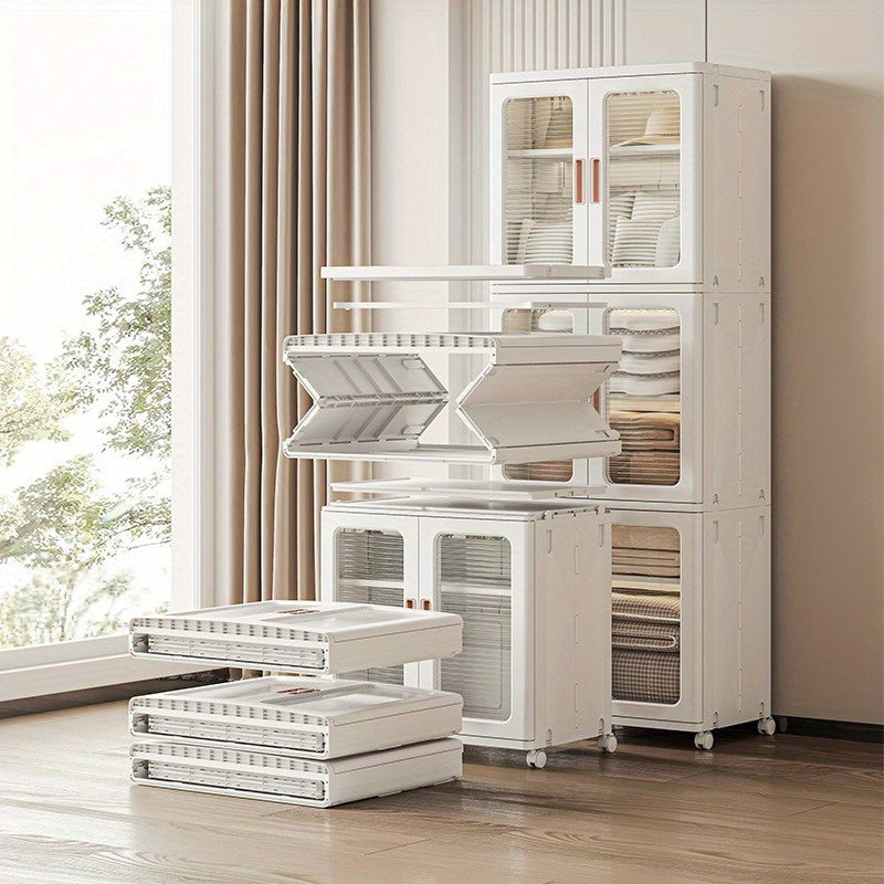 🧺 2/3-Piece Modern White Plastic Storage Cabinet – Glass Doors, Multi-Purpose & Mobile Organizer!