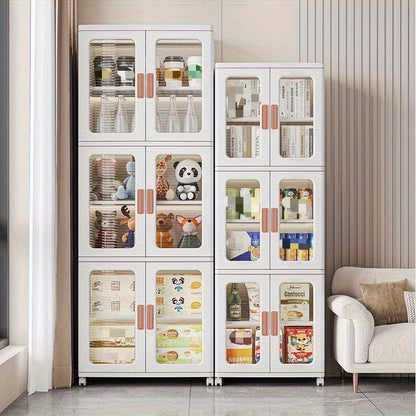 🧺 2/3-Piece Modern White Plastic Storage Cabinet – Glass Doors, Multi-Purpose & Mobile Organizer!
